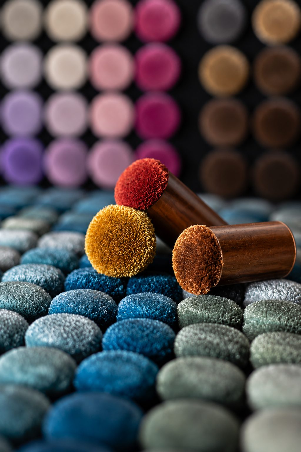 Carpet yarn tufts and colour samples